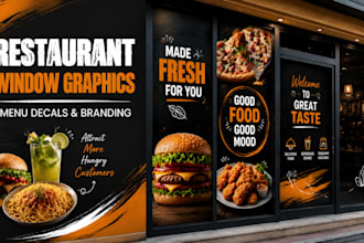 create restaurant window graphics, menu decals, storefront branding design