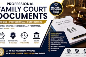 draft divorce petition, custody motion, and family documents, alimony or child
