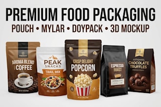 design premium food packaging design, pouch design, mylar bag doypack, 3d mockup