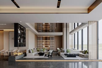 model hotel lobby interior and lounges for commercial resort presentation decks