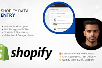 do shopify data entry, product upload and bulk product listing via CSV