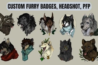 draw custom digital furry badge headshot art for fursona convention icon pfp