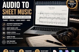 transcribe piano vocal audio to sheet music, lead sheet guitar tab transcription