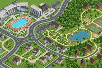 design 2d 3d isometric illustrated maps for park, resort, tourism and properties