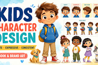 create cute and consistent kids character design for children book illustration