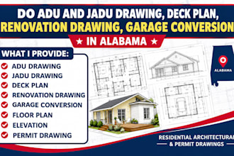 do adu and jadu drawing, deck plan, renovation plan and garage conversion for al