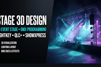 design stage lighting 3d event stage, program dmx cues lightkey, qlc, showxpress