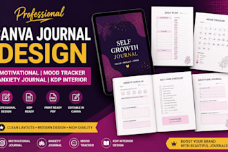 do canva motivational journal, mood tracker, kdp interior anxiety journal design