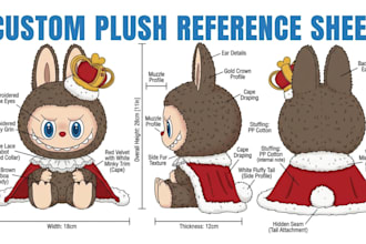 create detailed custom plush toy reference sheet stuffed animal design tech pack