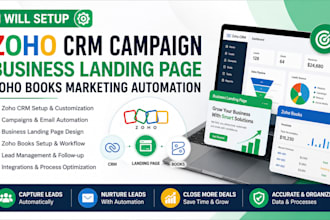 setup zoho crm campaign, business landing page, zoho book marketing automation
