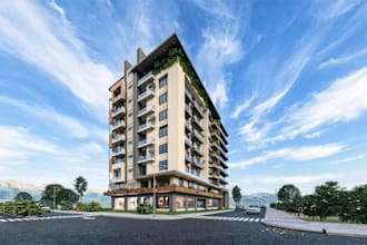 revamp multi story condo apartment building, integrated rooftop, grey facade