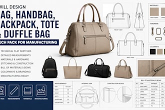 design bag, handbag, backpack, tote and duffle bag tech pack for manufacturing