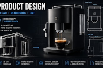 design a modern coffee machine with 3d cad, product rendering and cmf