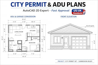 design garage conversion 2d floor plans, adu layouts models and permit drawings