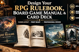design rpg rulebook layout, game deck card game, tabletop rpg board game manual