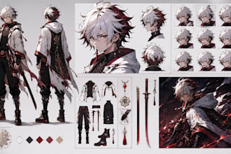create anime character design, character sheet and expression sheet