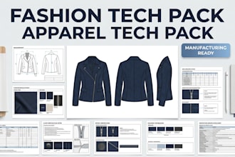 clothing fashion tech pack, apparel garment tech pack and technical flat sketch