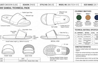 fashion design slide flipflops sandals flats shoe custom footwear cad tech pack