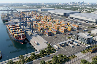 design 3d cargo ports, container terminals and shipping facilities, warehouse