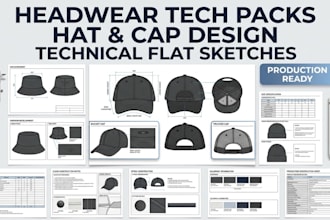 do hat cap tech pack, flat sketch, mockup, bucket hat, trucker cap and headwear