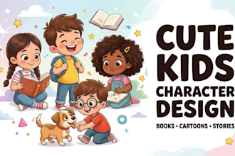 illustrate adorable cute KDP children book characters kids cartoon illustrations