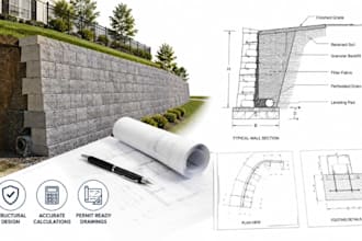 design retaining wall structural calculations and drawings for you
