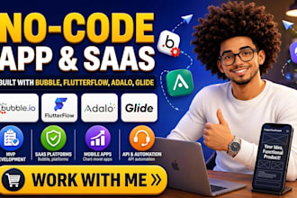 build no code apps, mvps and saas using bubble, flutterflow, adalo and glide