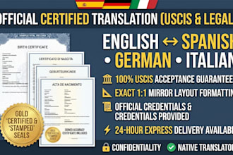 do official uscis certified translation in spanish german, italian for legal use