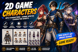 design 2d game characters, rpg characters, anime sprites and character sheets