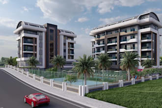 modern 3d penthouse,elevation design with curved roof,urban landscape,floor plan