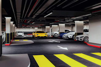 design 3d underground parking structure, car park, basement garage