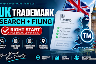 conduct ukipo trademark search, right start filing, specification and UK address