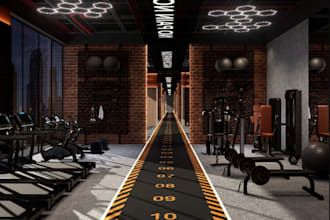 turn space into gym interior,sauna,steam room, lockers, restroom facility render