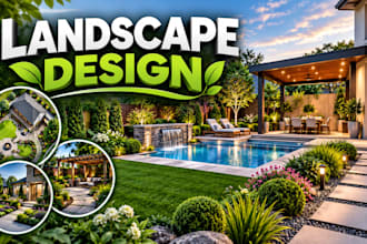 create 3d landscape design, backyard, garden, front yard, patio pool rendering