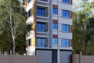 3d front elevation threshold building,rooftop garden terrace,ground floor shops