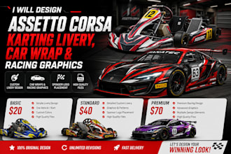design assetto corsa karting livery, car wrap and racing graphics