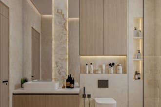 design 3d master bathroom render, toilet sink visualization, living room model