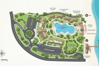 design custom resort map, tourist map,travel map, visitor map and wayfinding map