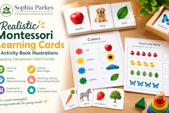 create realistic montessori style images for learning cards and activity books