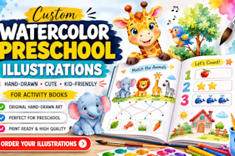 design watercolor hand drawn illustrations for  preschool activity book