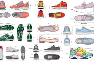 create 3d shoe shoe tech pack footwear design technical drawing for production