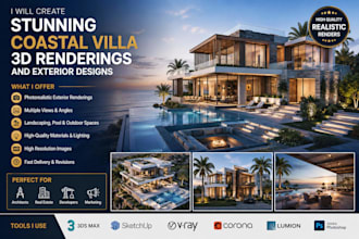 create stunning coastal villa 3d renderings and exterior designs