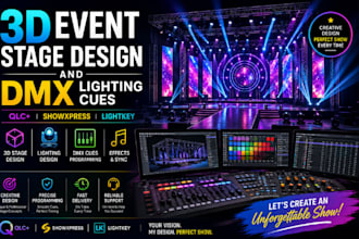 create 3d event stage design and dmx lighting  cues qlc showpress lightkey mydmx