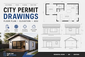 draw city permit drawings, floor plan elevation adu california texas florida ny