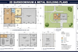 draw 2d barndominium plans, pole barn, garage barns and metals building plans