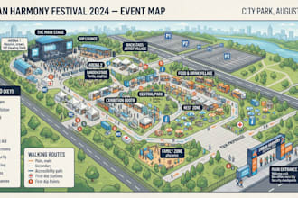create 3d vector isometric map, 2d flat map illustration and park map, event map
