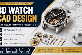 create 3d watch cad model, watch component, watch cad design in vector and step