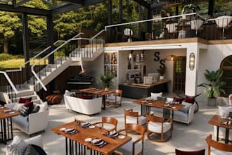 upgrade old building to restaurant layout,terrace restaurant render,outdoor cafe