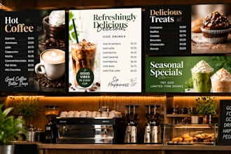 create cafe bar TV menus digital screens coffee shop displays beverage boards