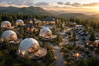 design 2d 3d glamping dome, resort, rv park and tiny home architecture design